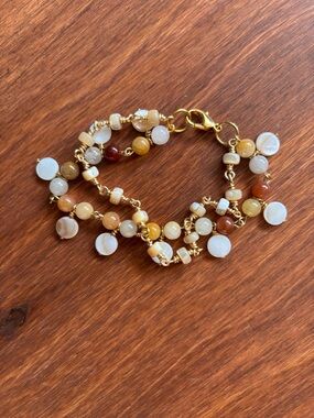 18K Gold Plated Gold Tone Shell and Jade Multi Bead Bracelet